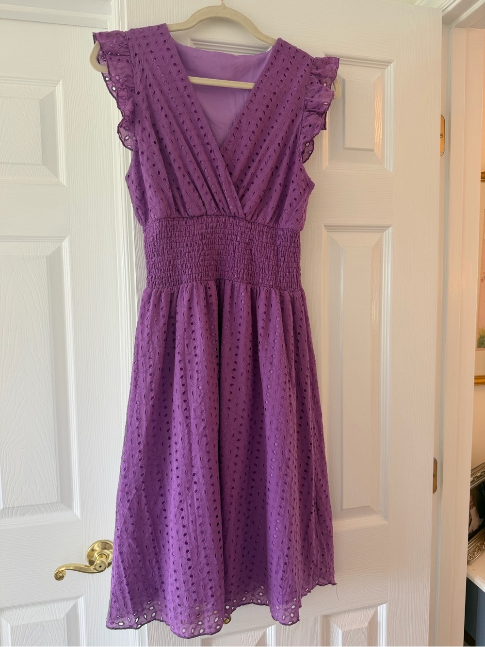 Andreas Oriano: XS Vincenza Dress-Purple V-Neck Eyelet Midi (STRAIGHT HEMLINE)